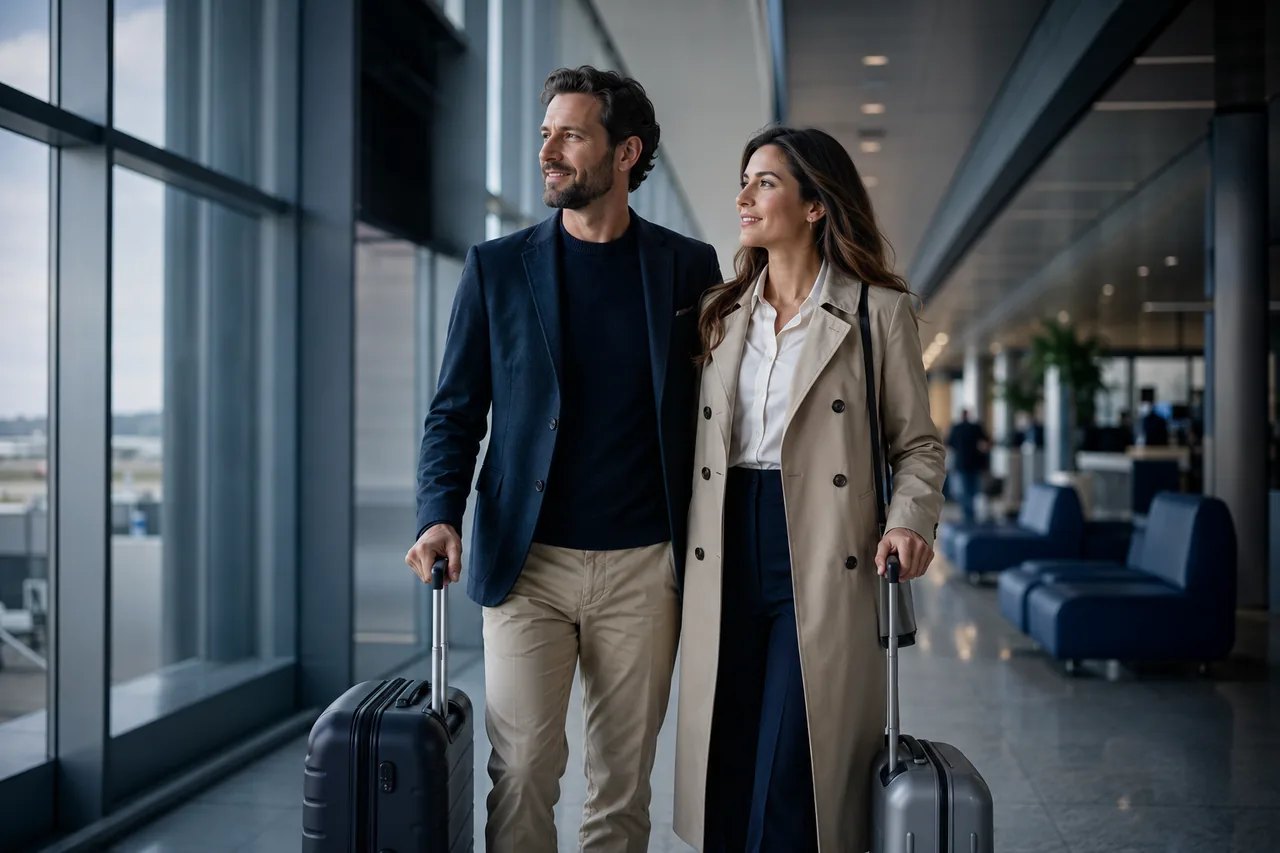 Casal em aeroporto com malas